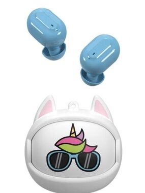 TWS Kids Unicorn Earbuds with White Cat Case - Cute Blue Wireless Earbuds
